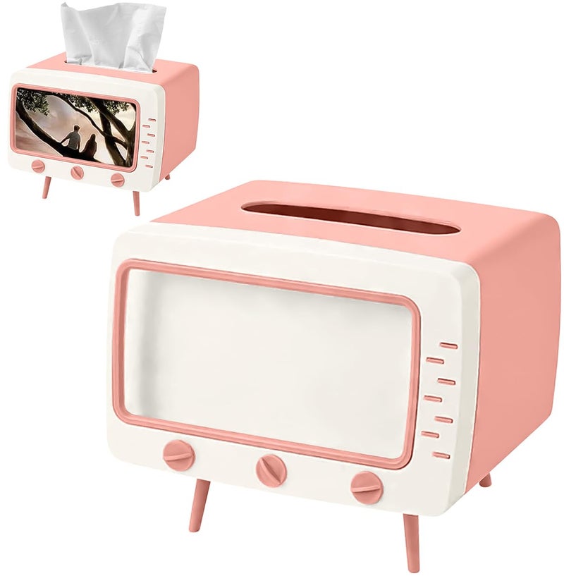 SGVAHY Tissue Box Holder Retro TV Tissue Box Cover Cute and Practical Cell Phone Holder Tampon Holder for Bathroom Kitchen Bedroom Dressers Desks and Tables Night Stands Creative Gift (TV Pink) - Image 1